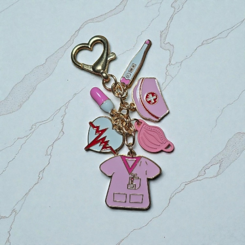 Nurse Keychain Charm Set Pink Scrubs Heart Stethoscope Medical Gifts Women‎